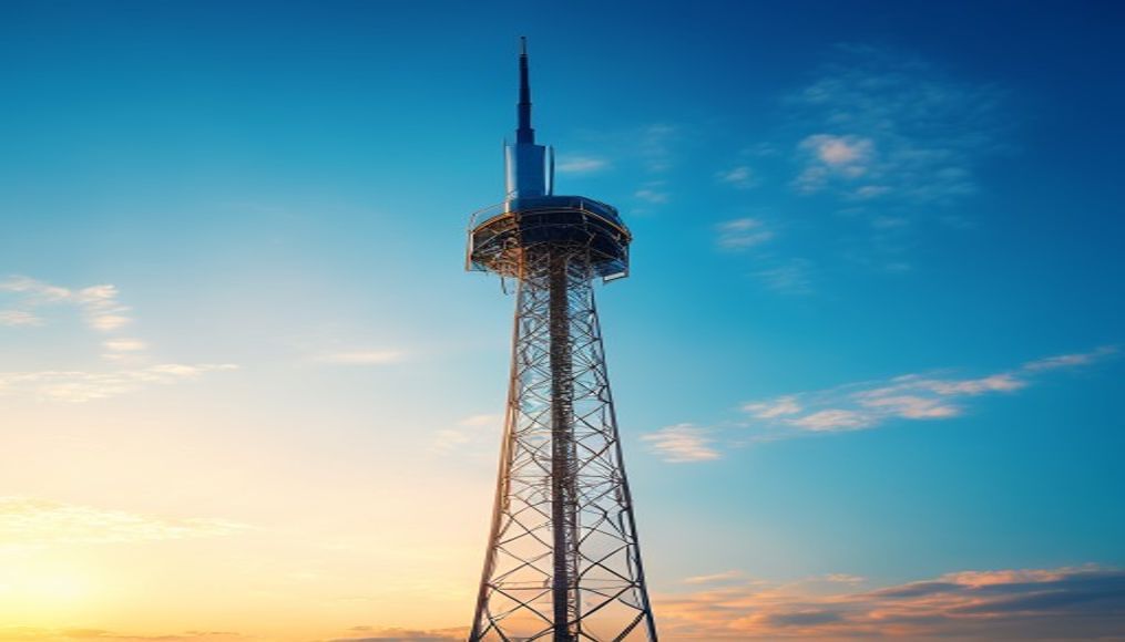5G tower against blue sky em estilo editorial