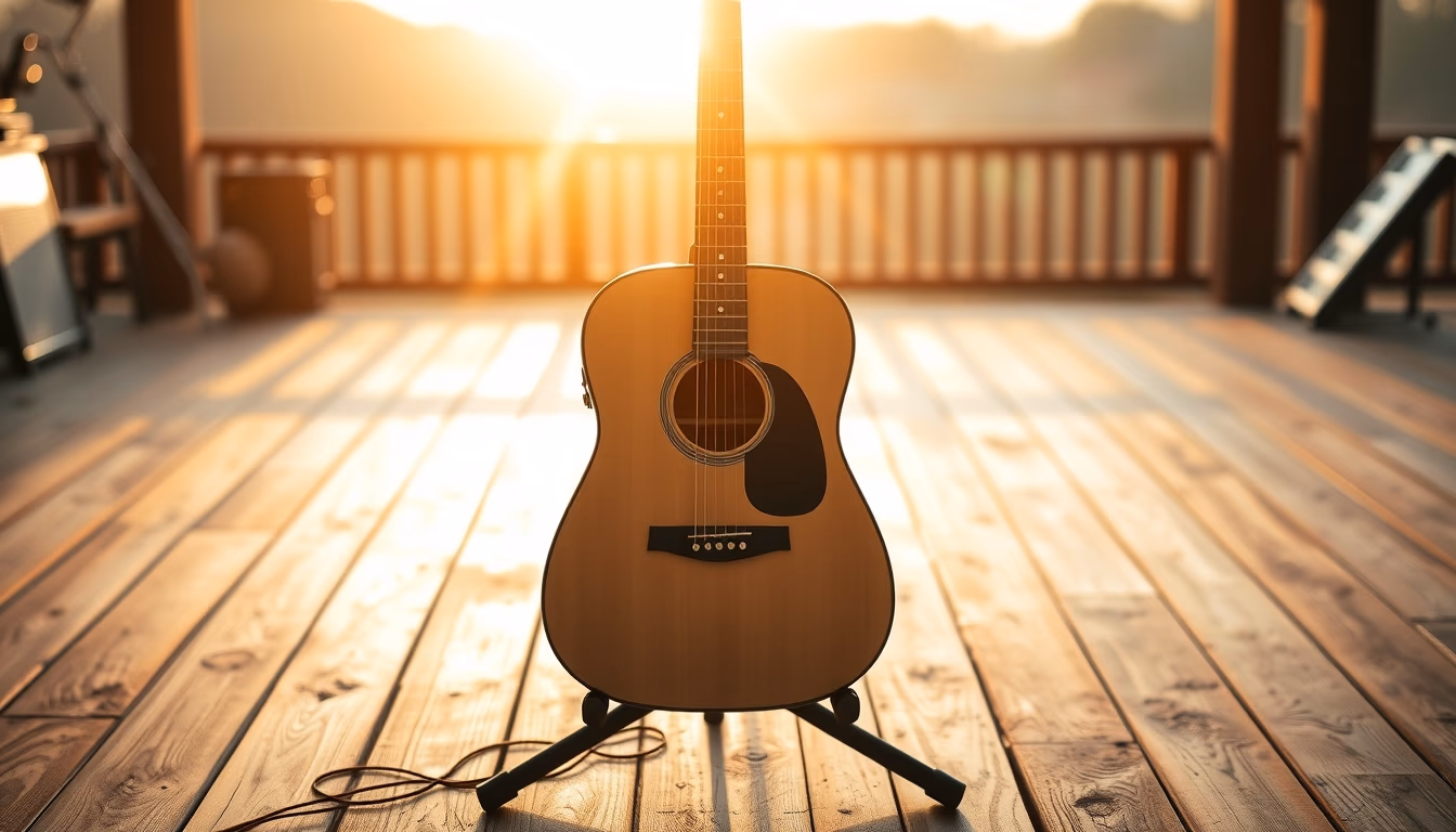 acoustic guitar stand wooden in editorial style