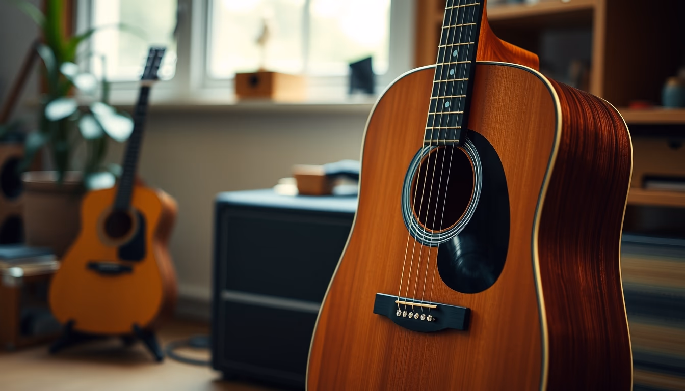 acoustic guitar stand wooden in editorial style
