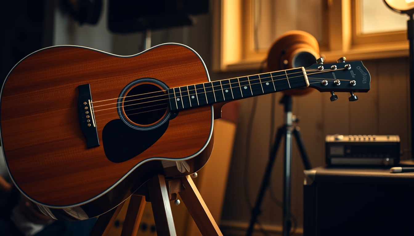 acoustic guitar stand wooden in editorial style