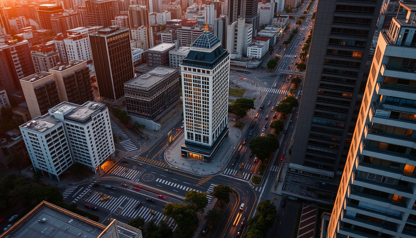 Aerial view of Avenida Paulista at hora dourada with B3 building em estilo editorial