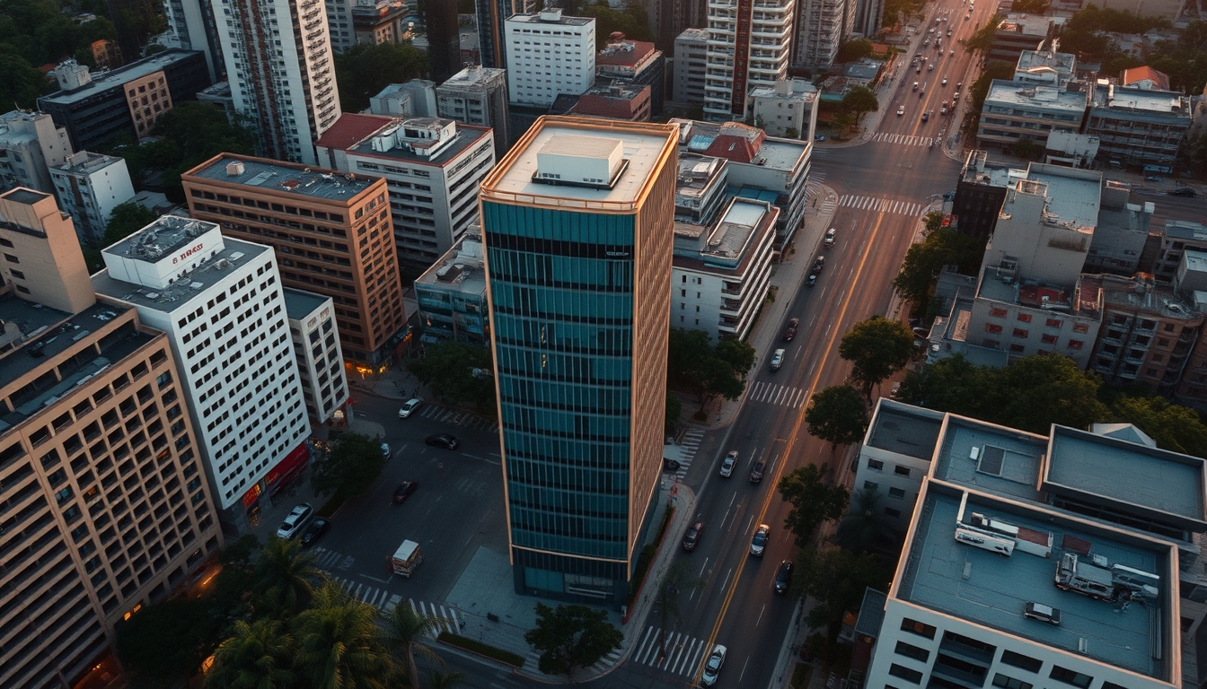 Aerial view of Avenida Paulista at hora dourada with B3 building em estilo editorial