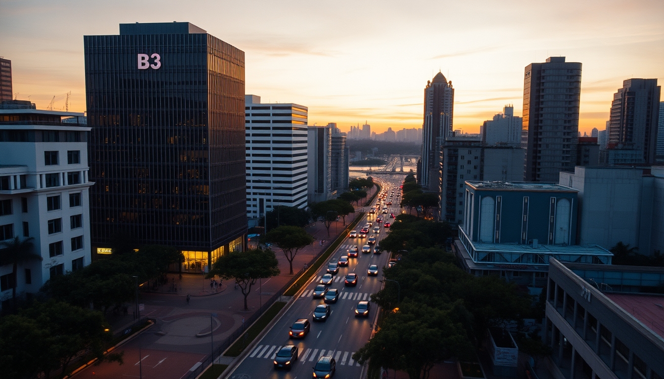 Aerial view of Avenida Paulista at hora dourada with B3 building em estilo editorial