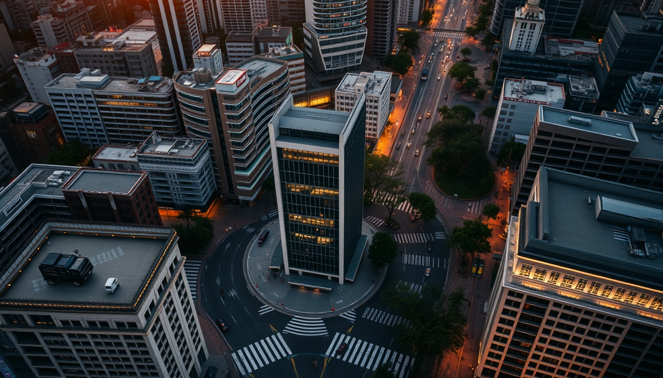 Aerial view of Avenida Paulista at hora dourada with B3 building em estilo editorial