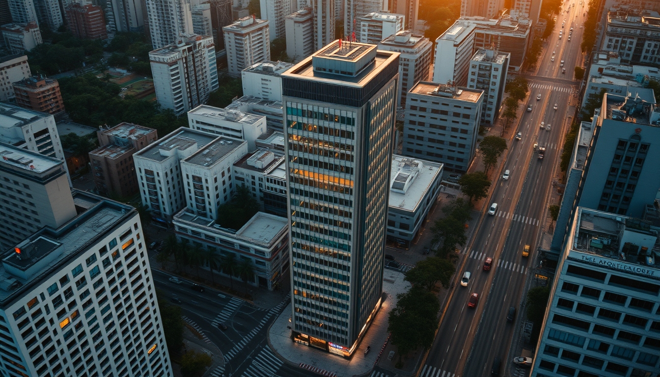 Aerial view of Avenida Paulista at hora dourada with B3 building em estilo editorial