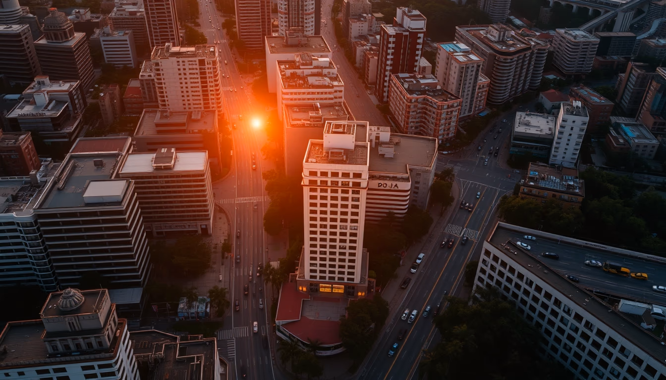 aerial view of São Paulo financial district at golden hour with B3 building in editorial style