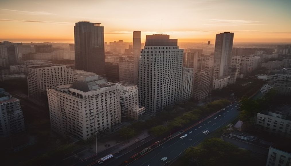 Aerial view of Avenida Paulista at hora dourada with B3 building em estilo editorial