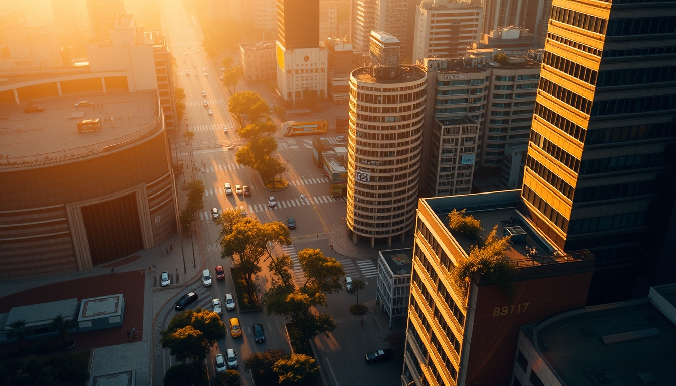 Aerial view of Avenida Paulista at hora dourada with B3 building em estilo editorial