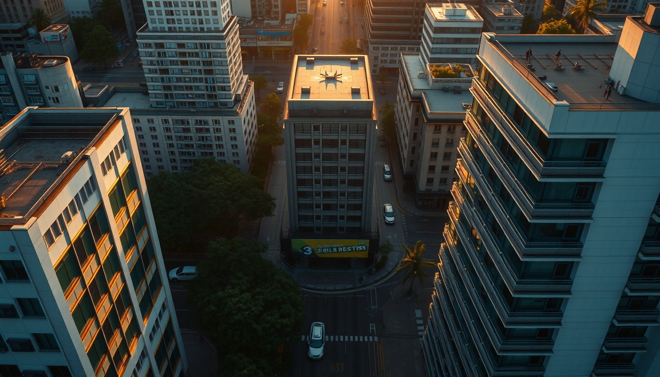 Aerial view of Avenida Paulista at hora dourada with B3 building em estilo editorial