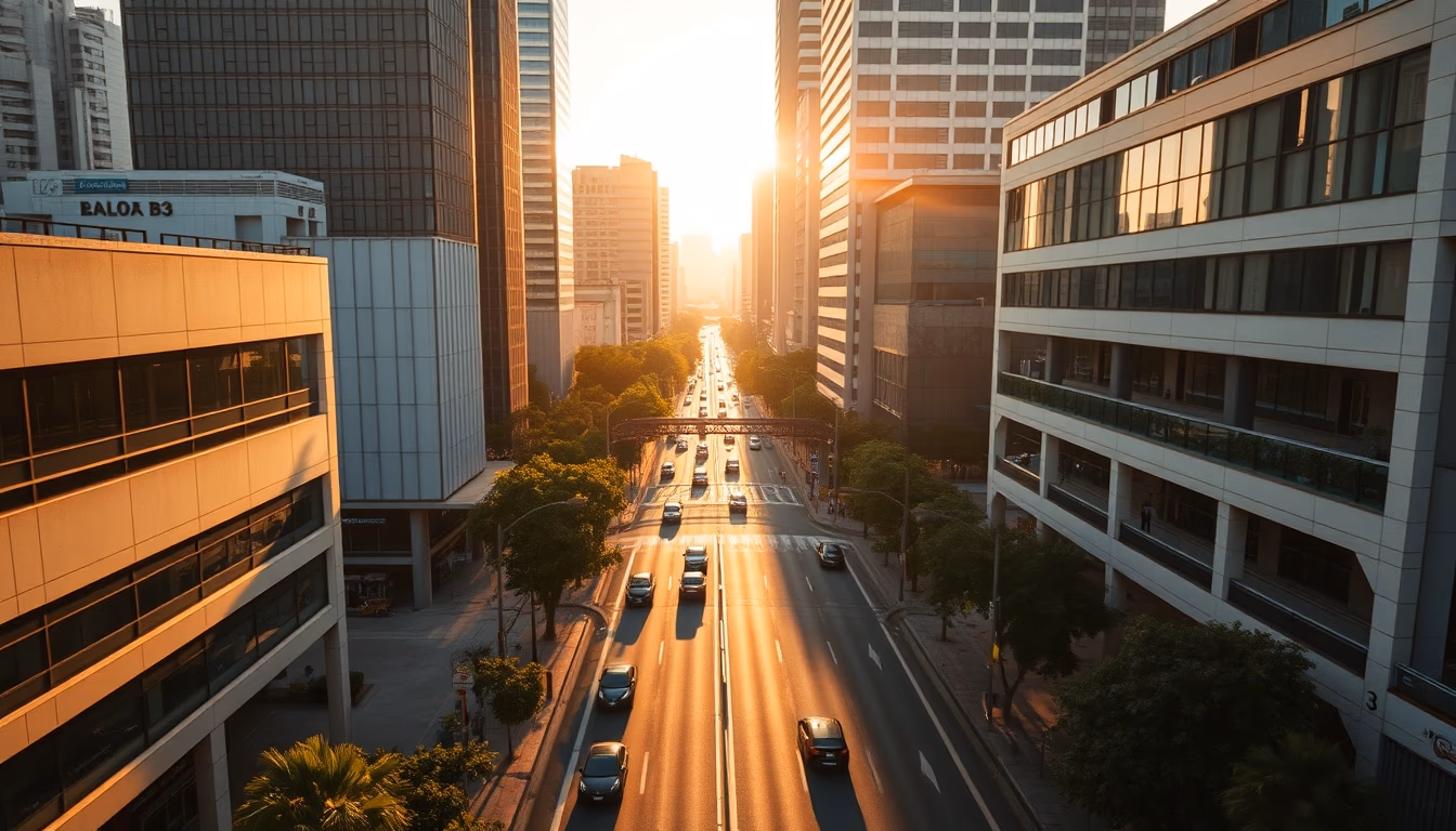 Aerial view of Avenida Paulista at hora dourada with B3 building em estilo editorial