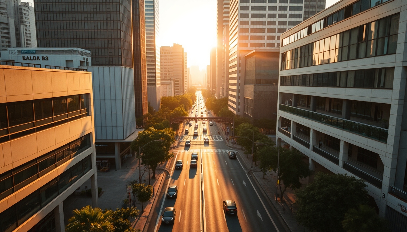 Aerial view of Avenida Paulista at hora dourada with B3 building em estilo editorial