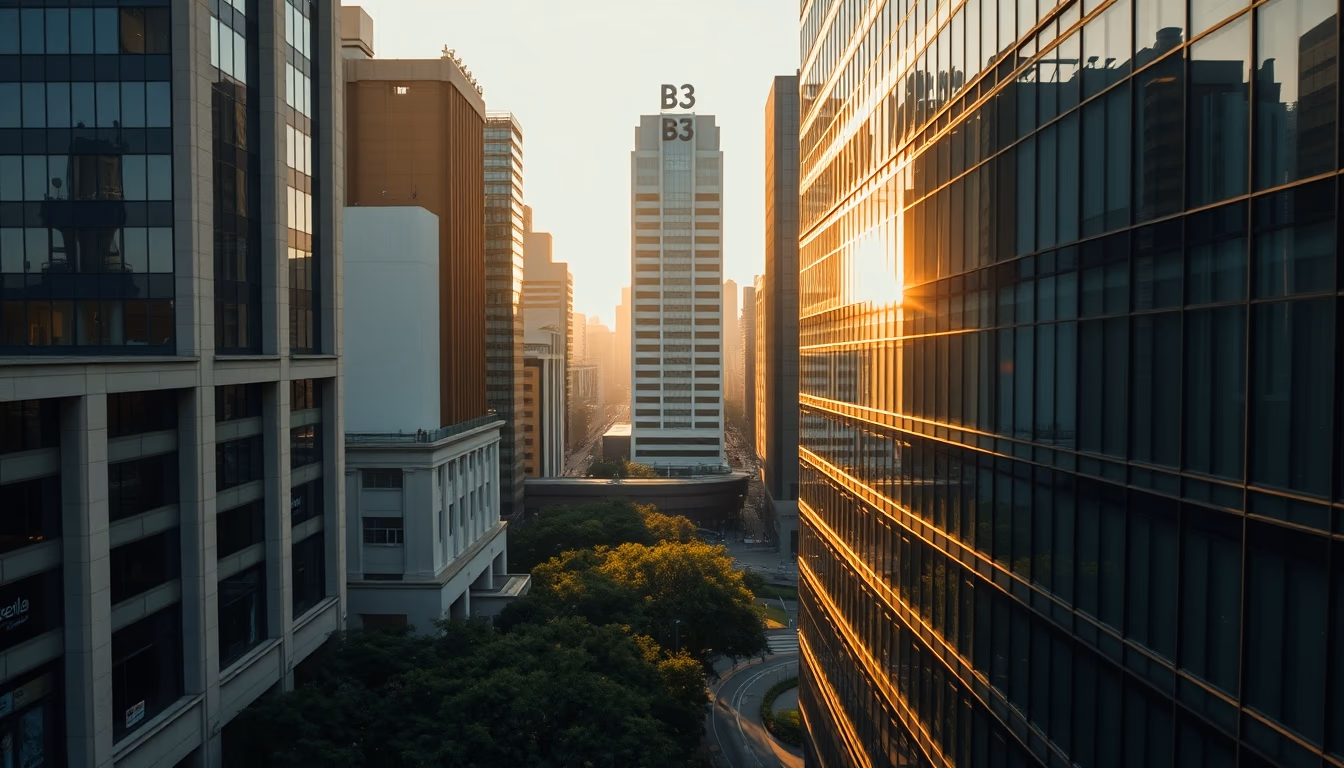 Aerial view of Avenida Paulista at hora dourada with B3 building em estilo editorial