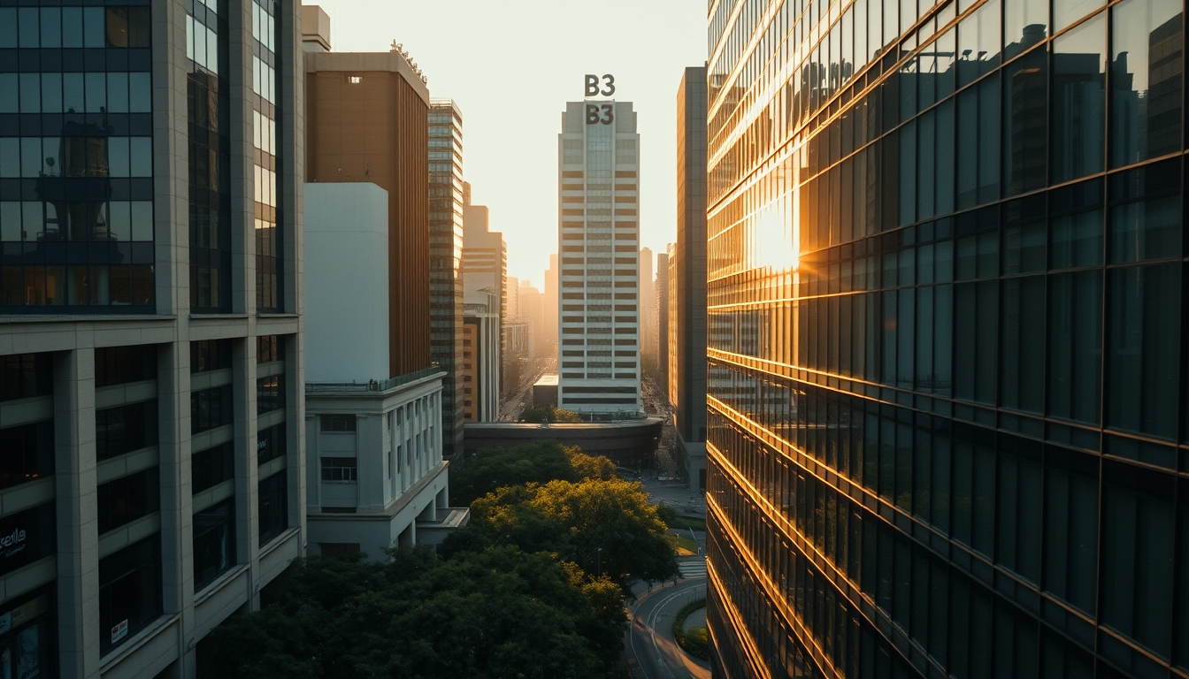 Aerial view of Avenida Paulista at hora dourada with B3 building em estilo editorial