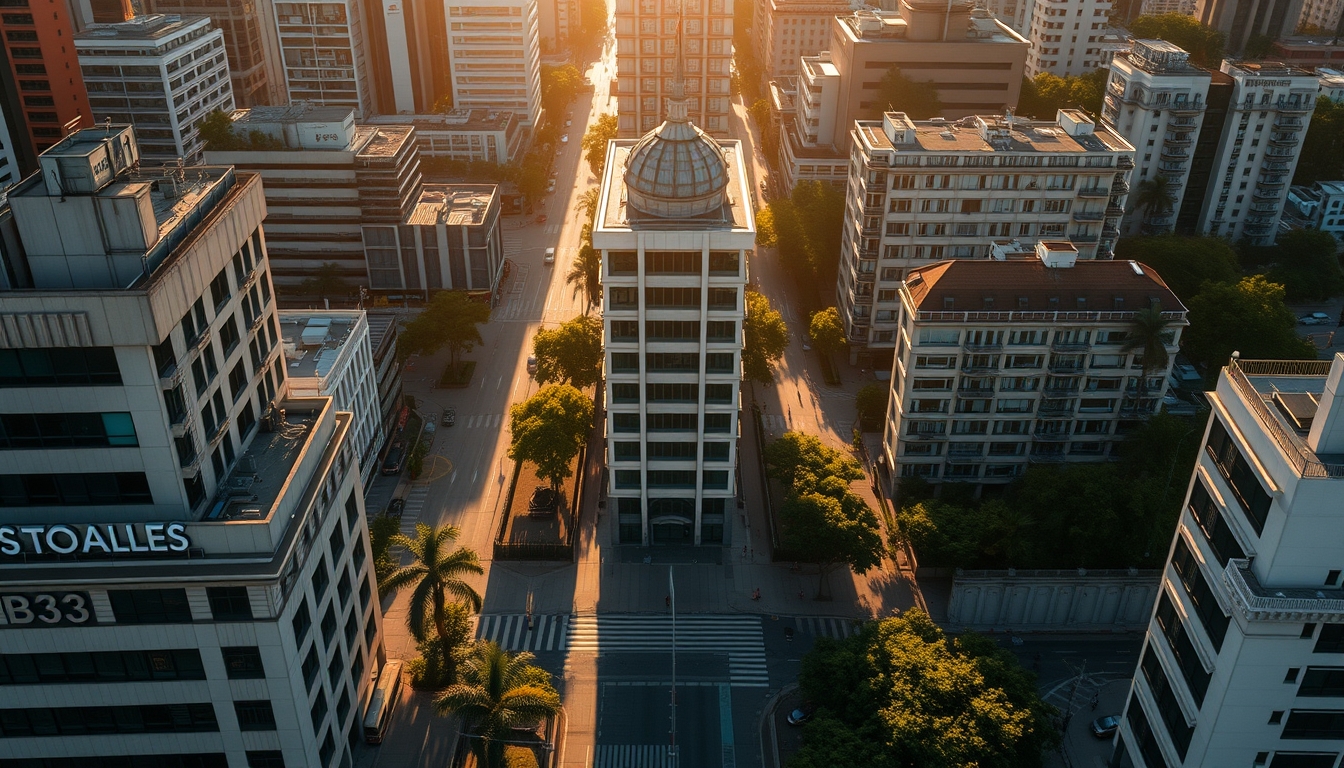 Aerial view of Avenida Paulista at hora dourada with B3 building em estilo editorial
