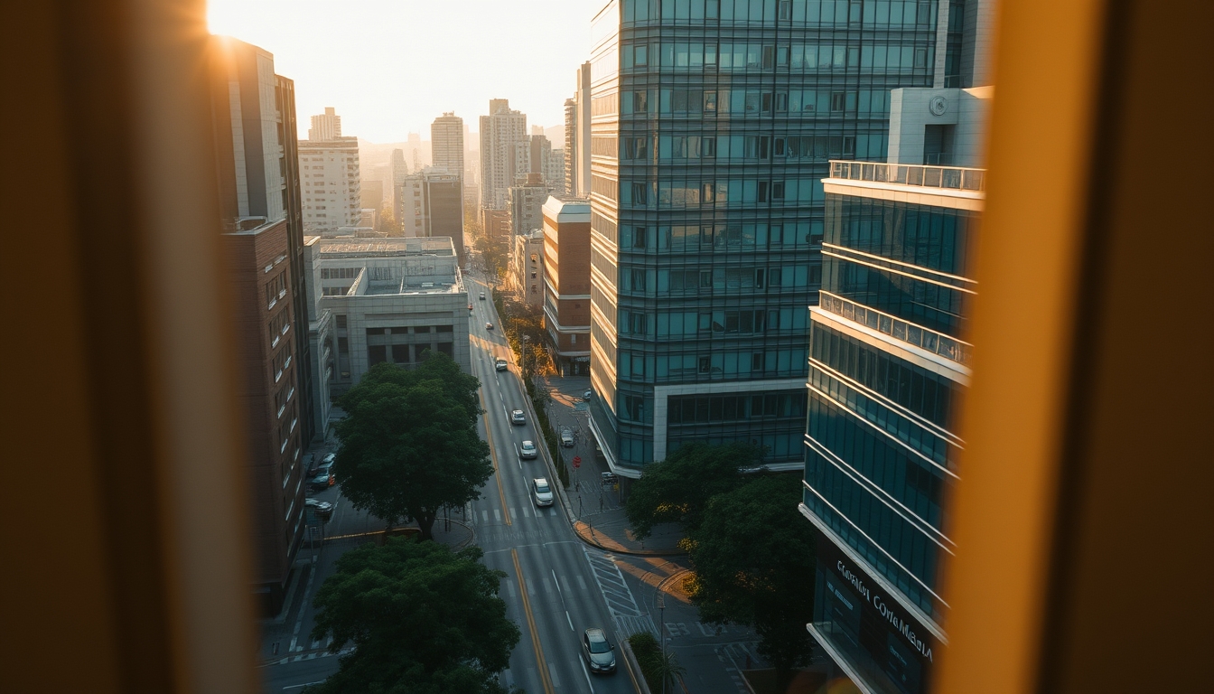 Aerial view of Avenida Paulista at hora dourada with B3 building em estilo editorial