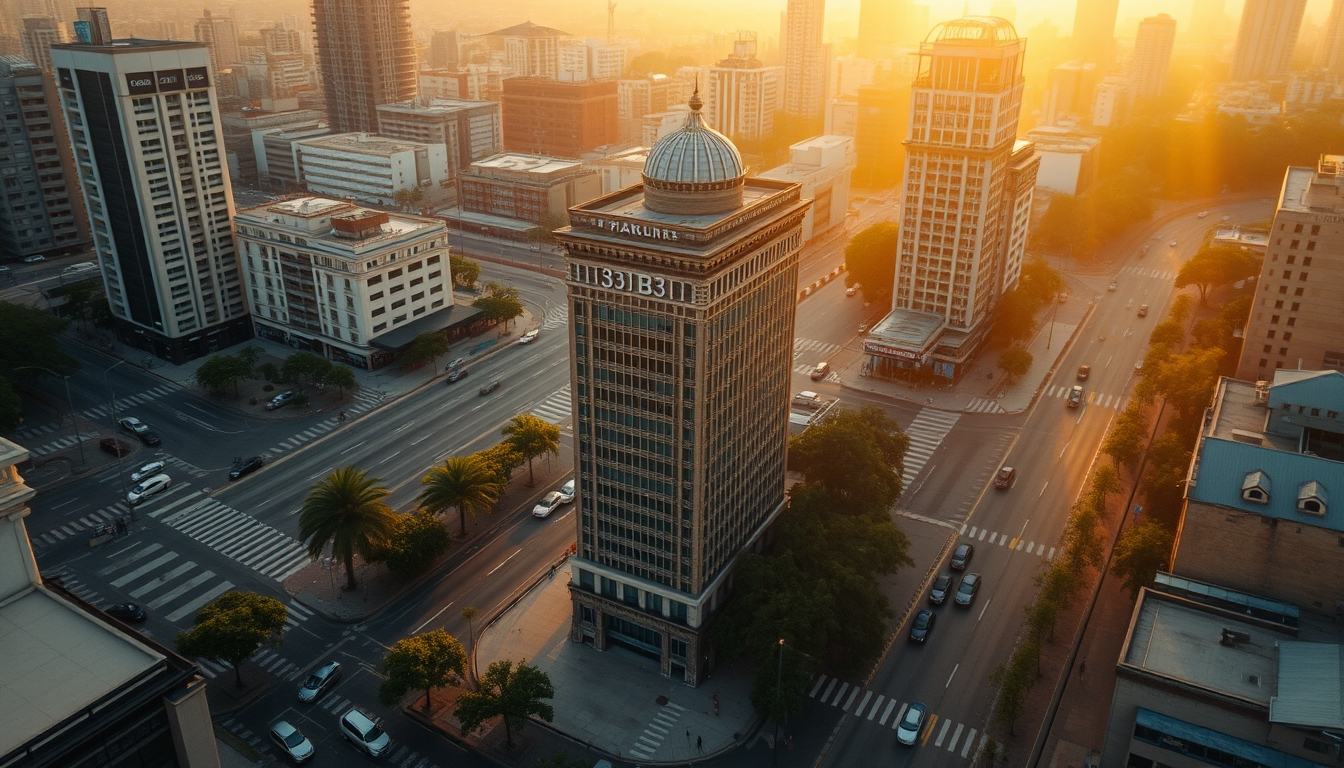 Aerial view of Avenida Paulista at hora dourada with B3 building em estilo editorial