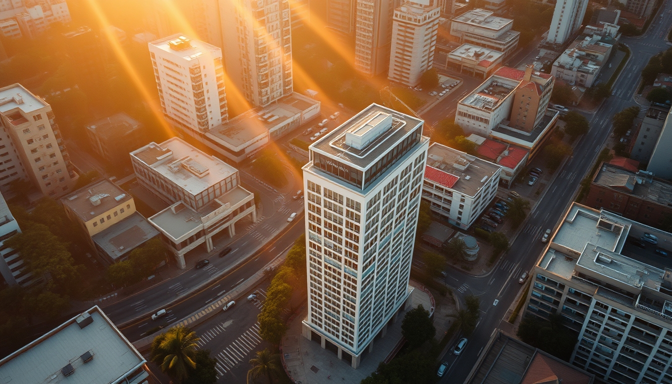 Aerial view of Avenida Paulista at hora dourada with B3 building em estilo editorial