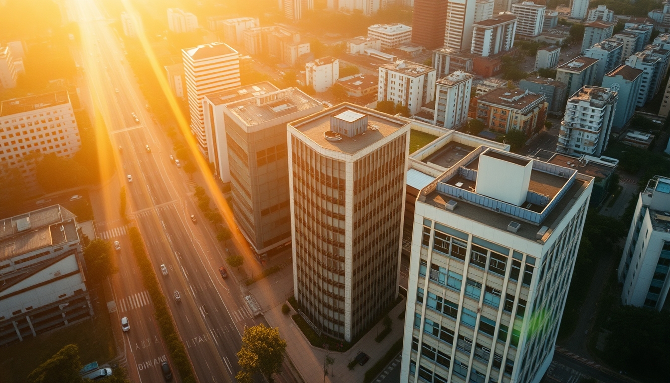 Aerial view of Avenida Paulista at hora dourada with B3 building em estilo editorial
