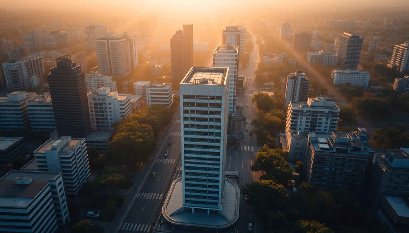 aerial view of São Paulo financial district at golden hour with B3 building in editorial style