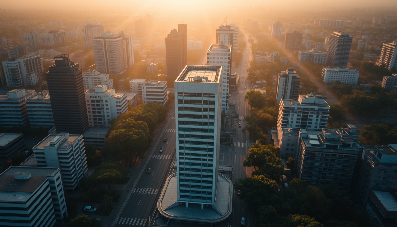 Aerial view of Avenida Paulista at hora dourada with B3 building em estilo editorial