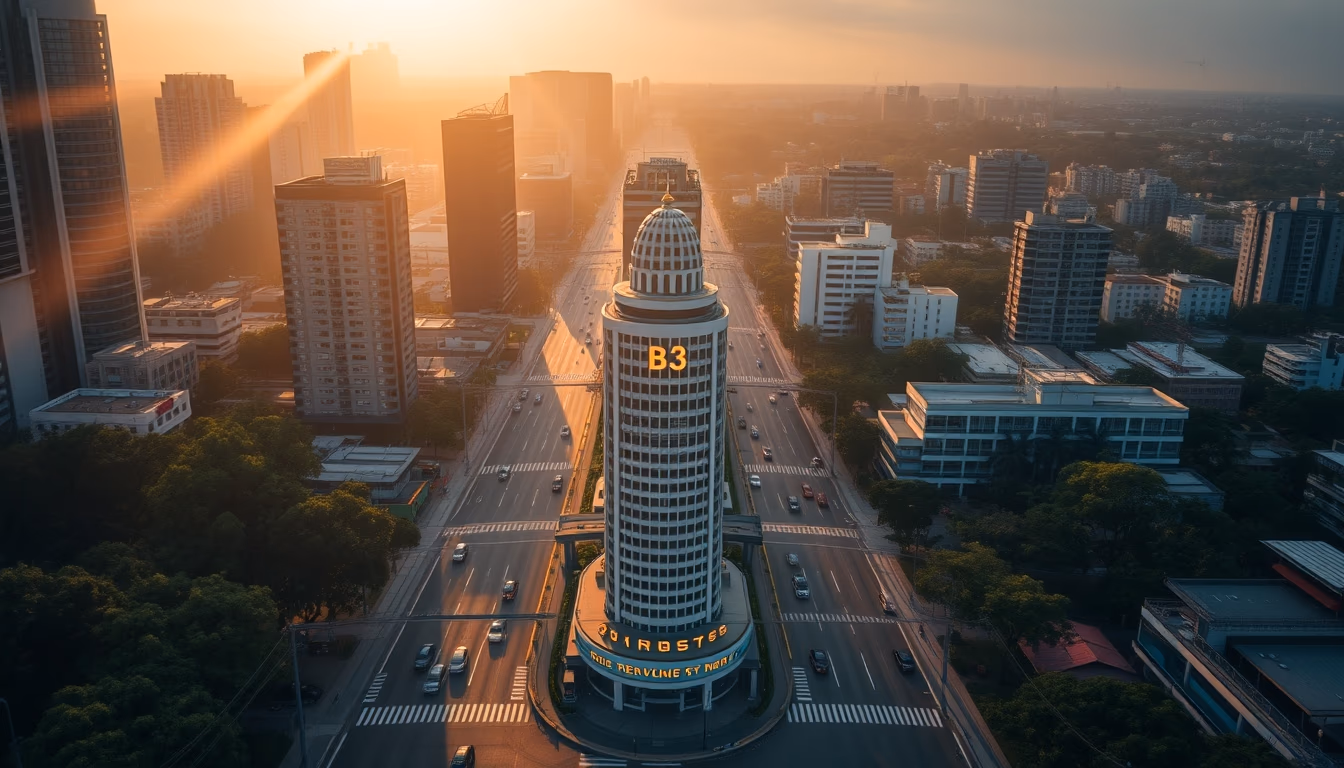 aerial view of São Paulo financial district at golden hour with B3 building in editorial style