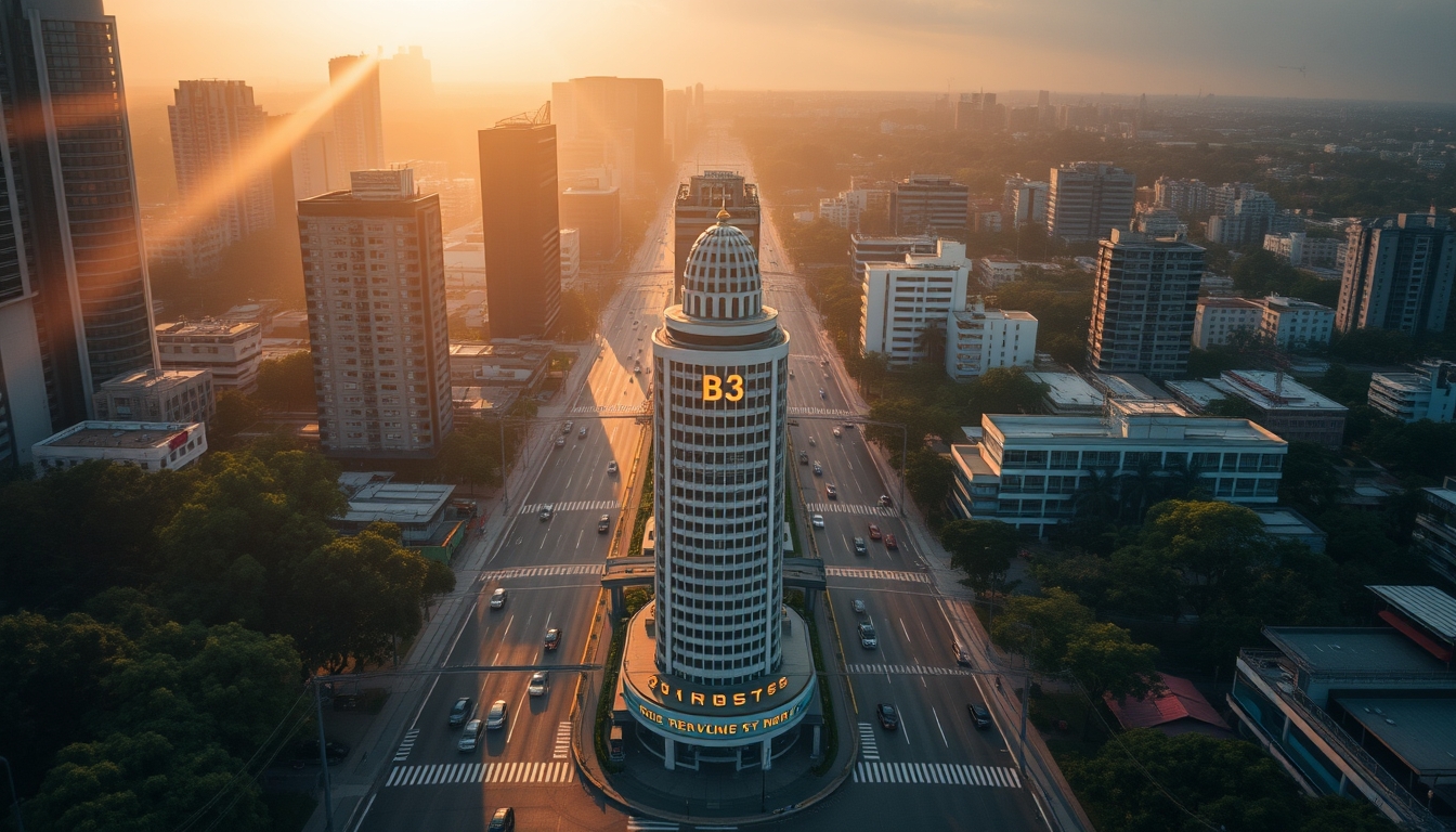 Aerial view of Avenida Paulista at hora dourada with B3 building em estilo editorial