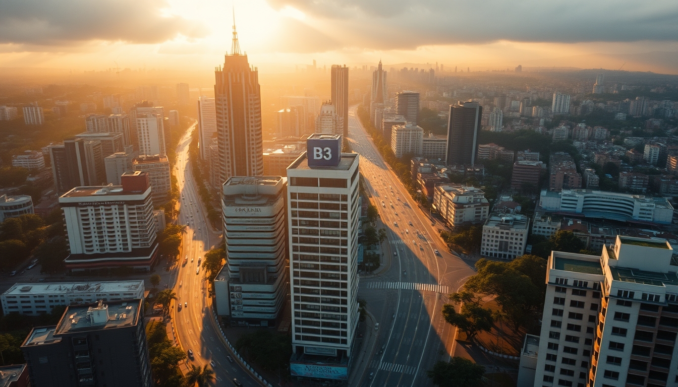Aerial view of Avenida Paulista at hora dourada with B3 building em estilo editorial