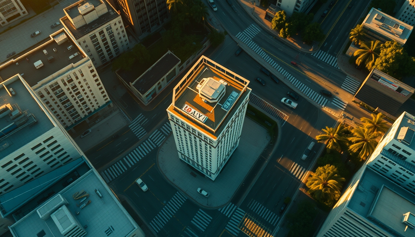 Aerial view of Avenida Paulista at hora dourada with B3 building em estilo editorial