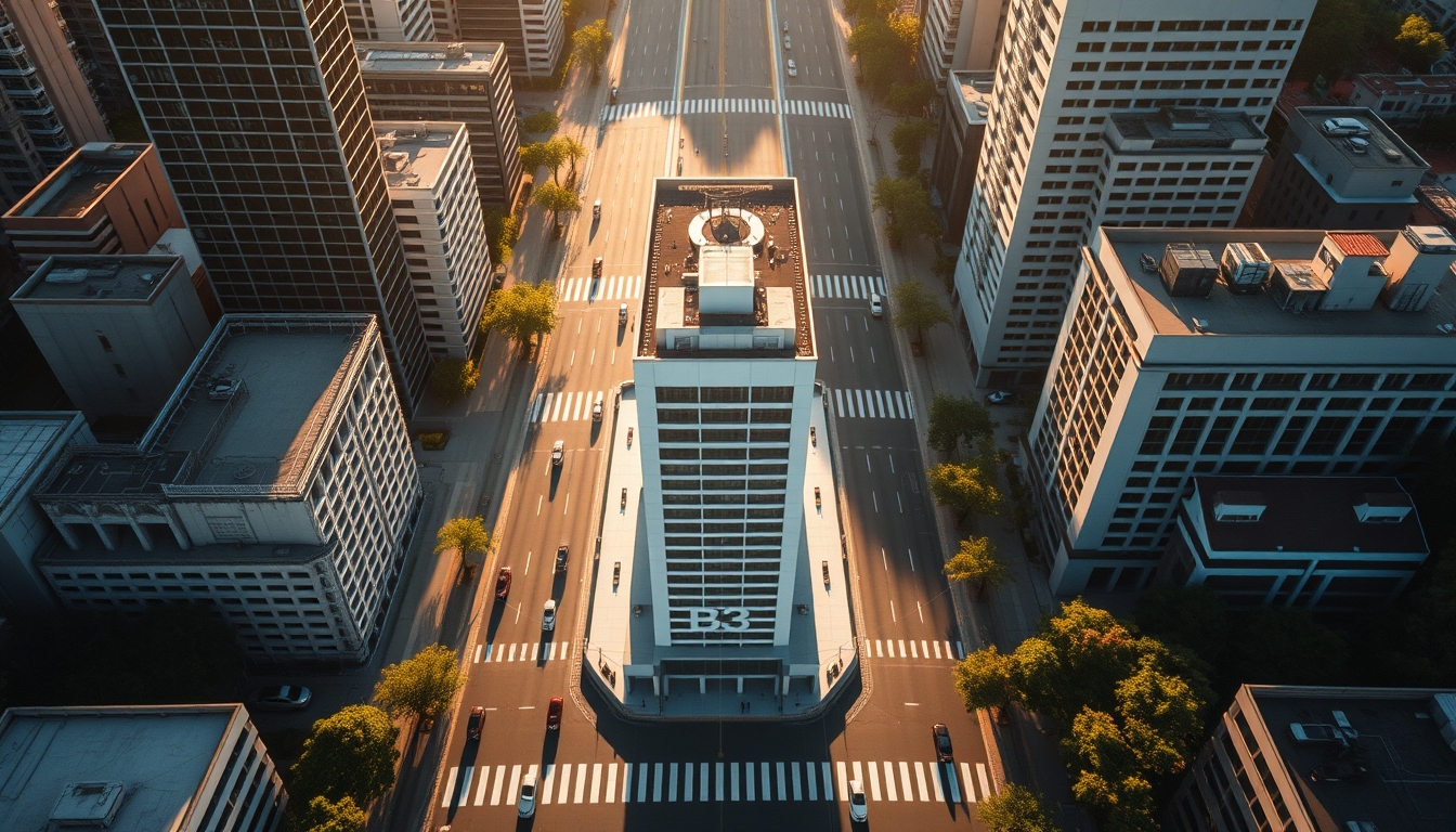 Aerial view of Avenida Paulista at hora dourada with B3 building em estilo editorial