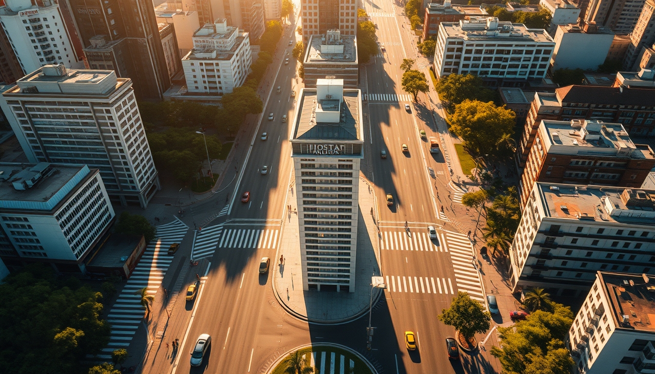 Aerial view of Avenida Paulista at hora dourada with B3 building em estilo editorial