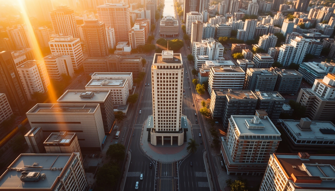 Aerial view of Avenida Paulista at hora dourada with B3 building em estilo editorial