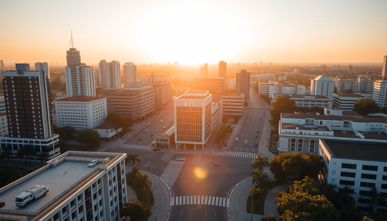 aerial view of São Paulo financial district at golden hour with B3 building in editorial style