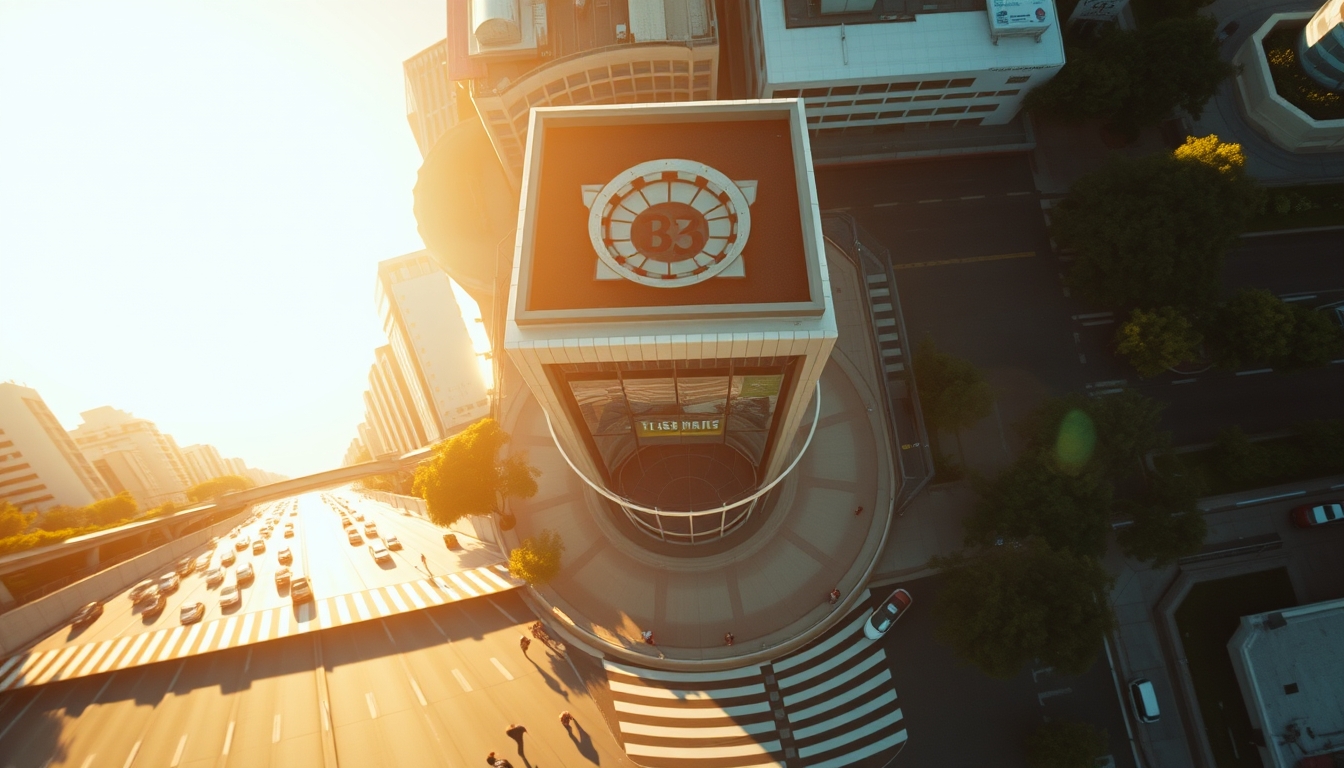 Aerial view of Avenida Paulista at hora dourada with B3 building em estilo editorial