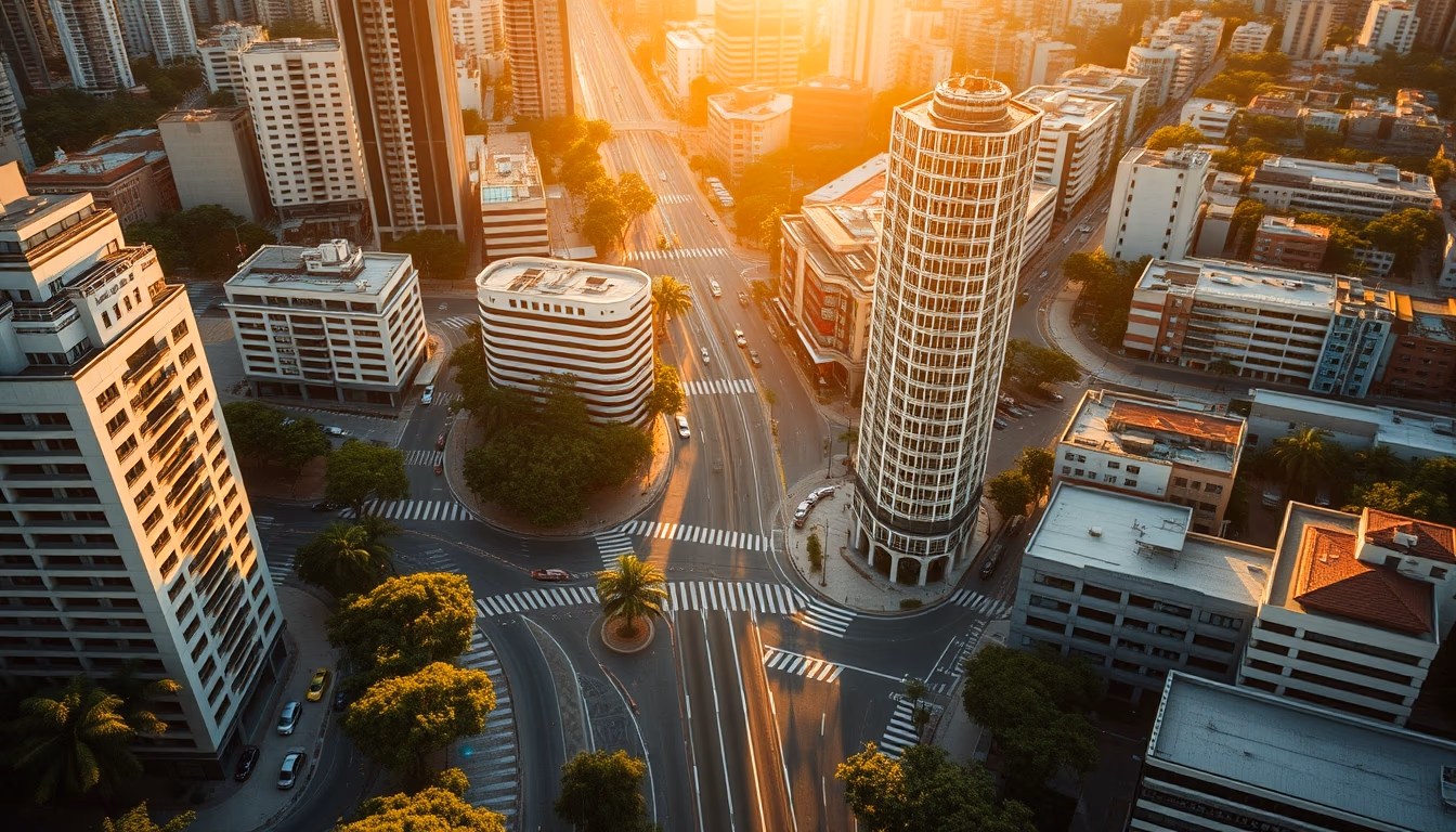 Aerial view of Avenida Paulista at hora dourada with B3 building em estilo editorial