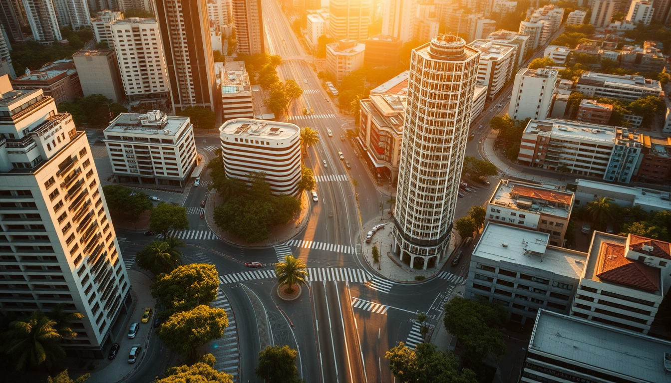Aerial view of Avenida Paulista at hora dourada with B3 building em estilo editorial