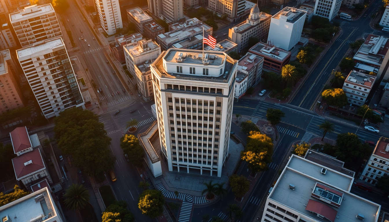 Aerial view of Avenida Paulista at hora dourada with B3 building em estilo editorial