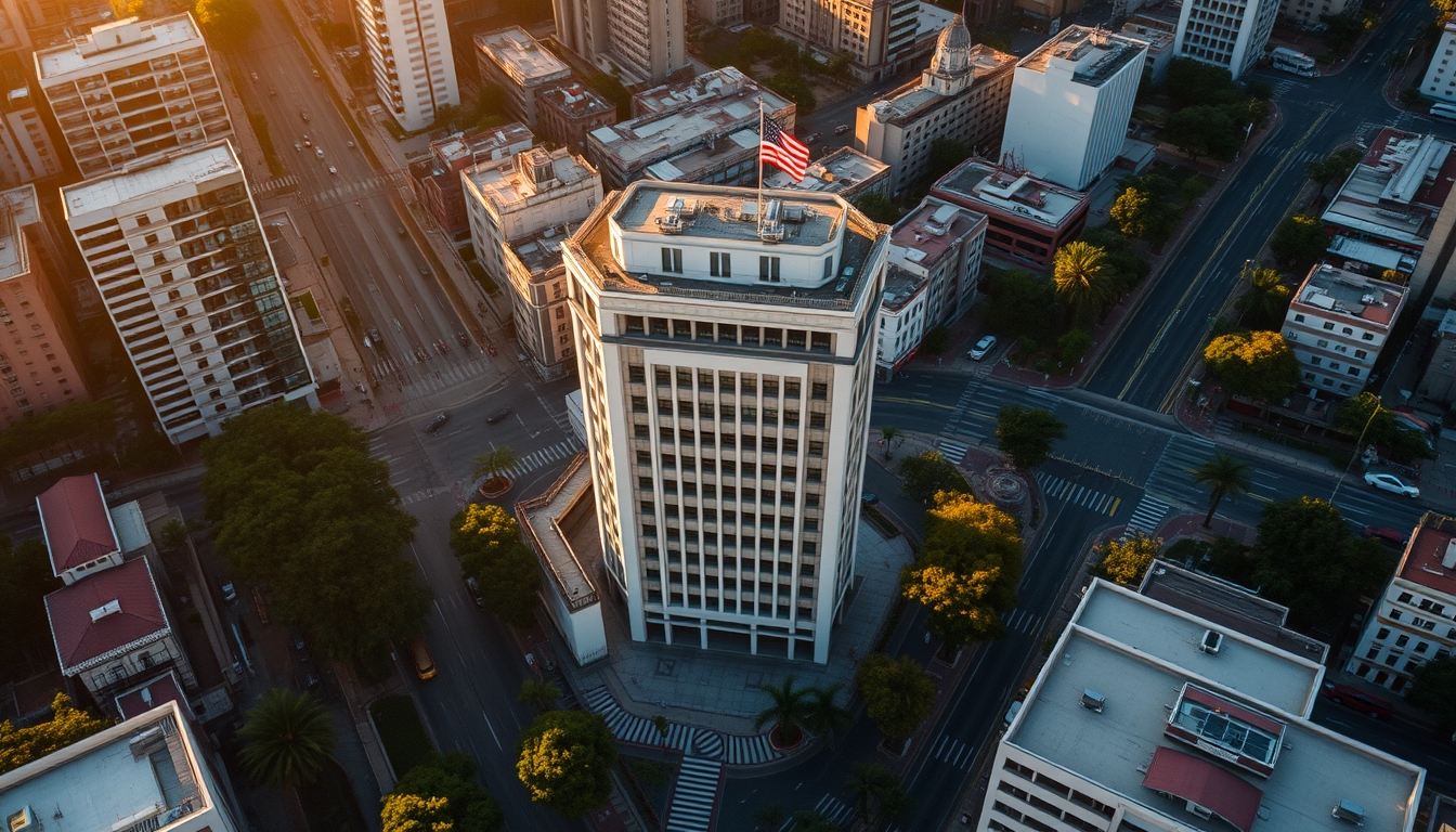 Aerial view of Avenida Paulista at hora dourada with B3 building em estilo editorial