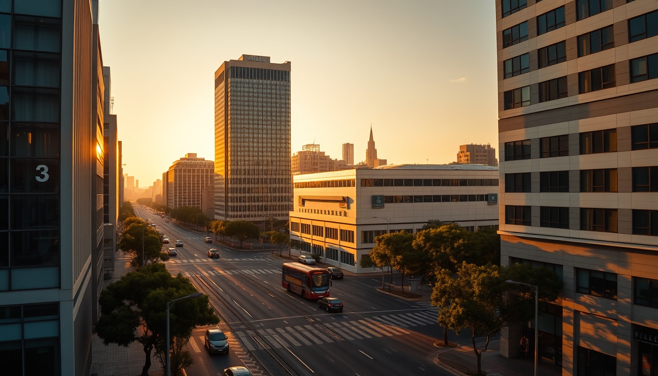 Aerial view of Avenida Paulista at hora dourada with B3 building em estilo editorial