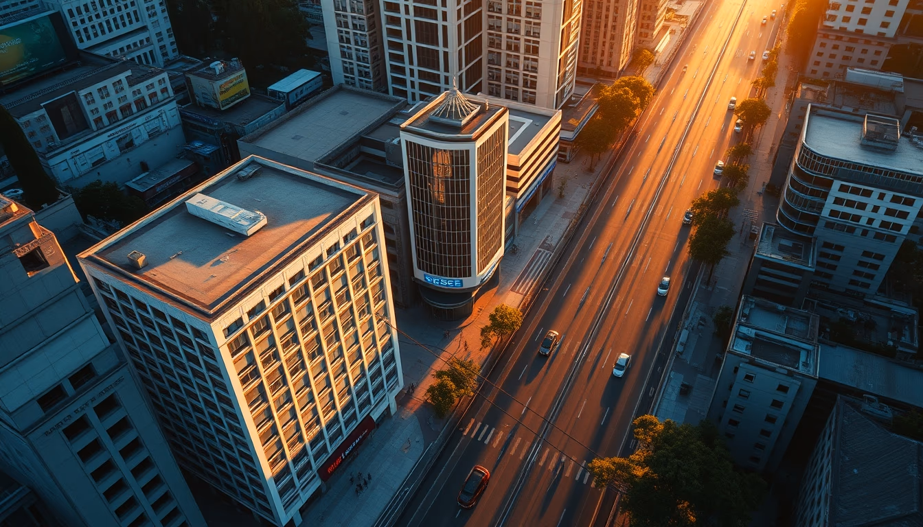 Aerial view of Avenida Paulista at hora dourada with B3 building em estilo editorial