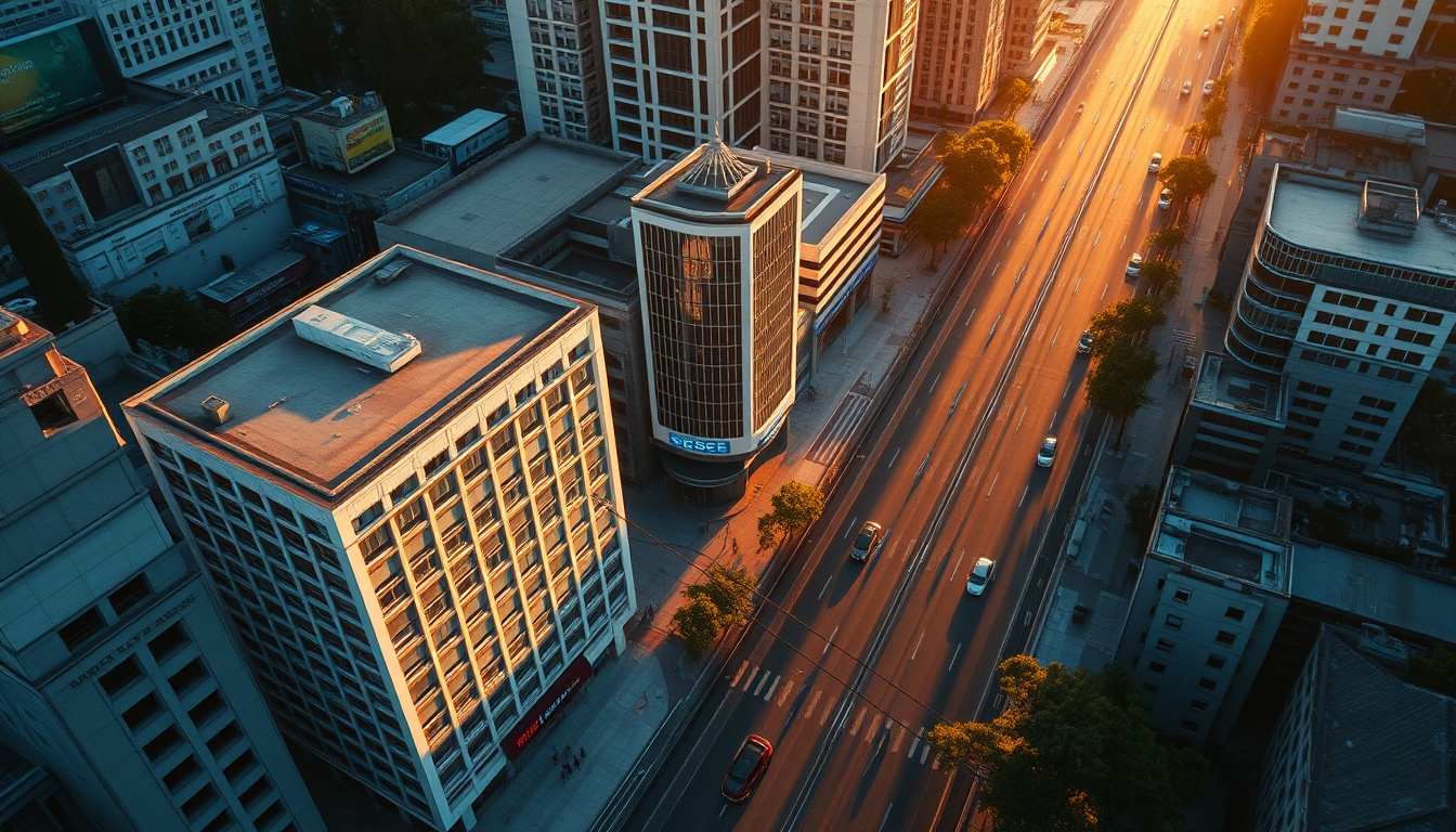 Aerial view of Avenida Paulista at hora dourada with B3 building em estilo editorial
