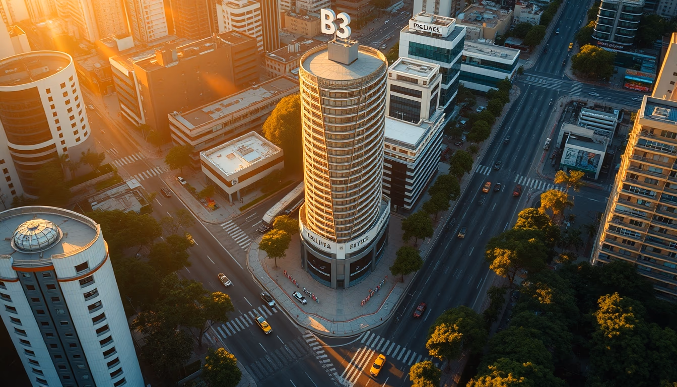 aerial view of São Paulo financial district at golden hour with B3 building in editorial style