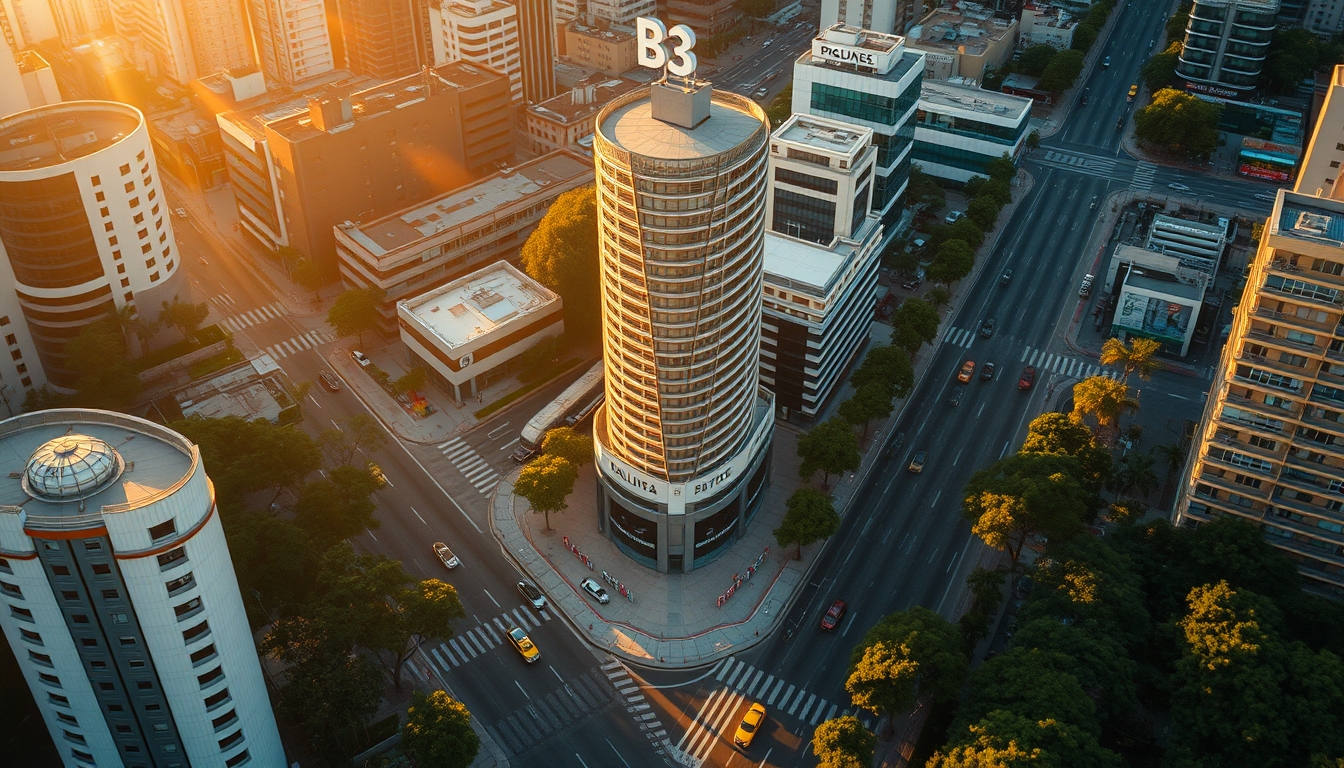 Aerial view of Avenida Paulista at hora dourada with B3 building em estilo editorial