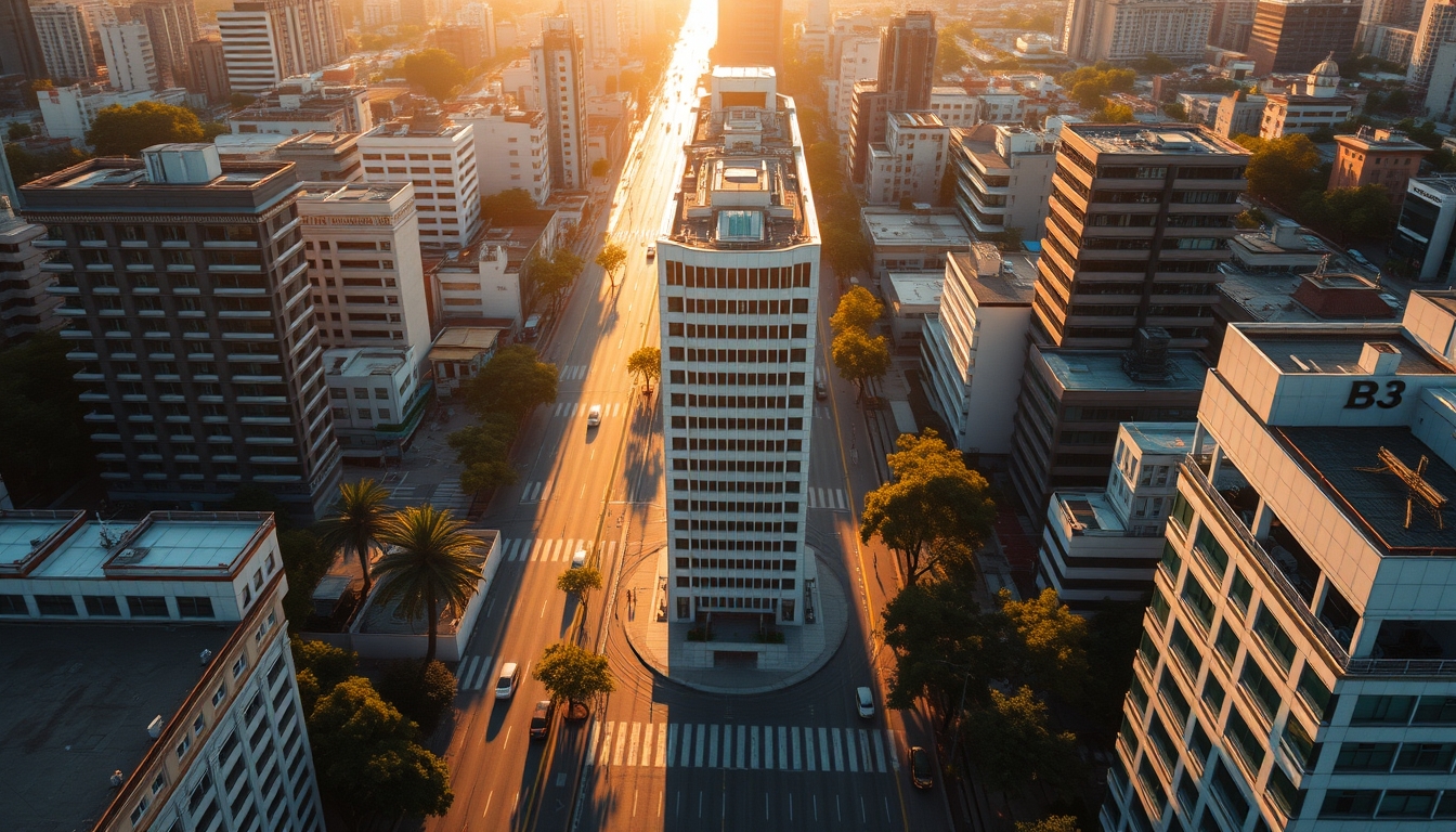 Aerial view of Avenida Paulista at hora dourada with B3 building em estilo editorial