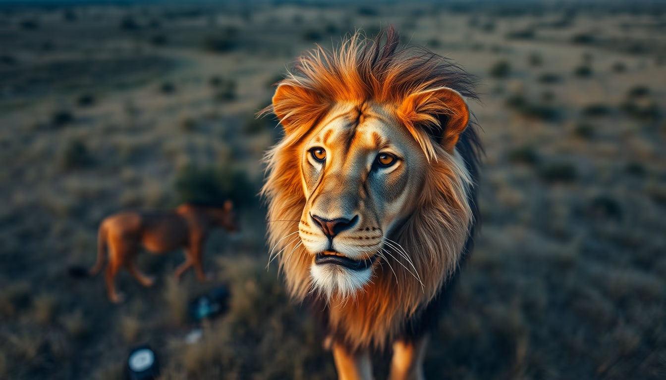 african lion in savanna in editorial style