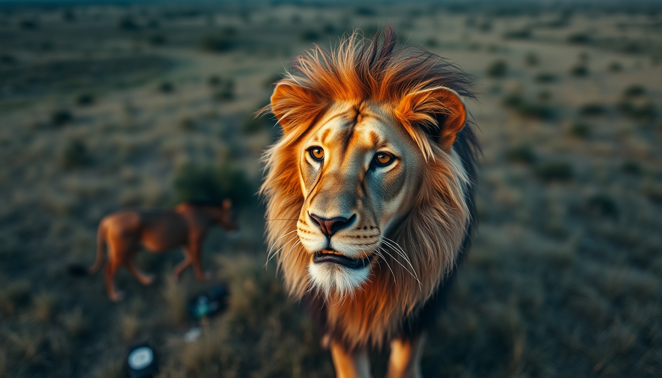 african lion in savanna in editorial style