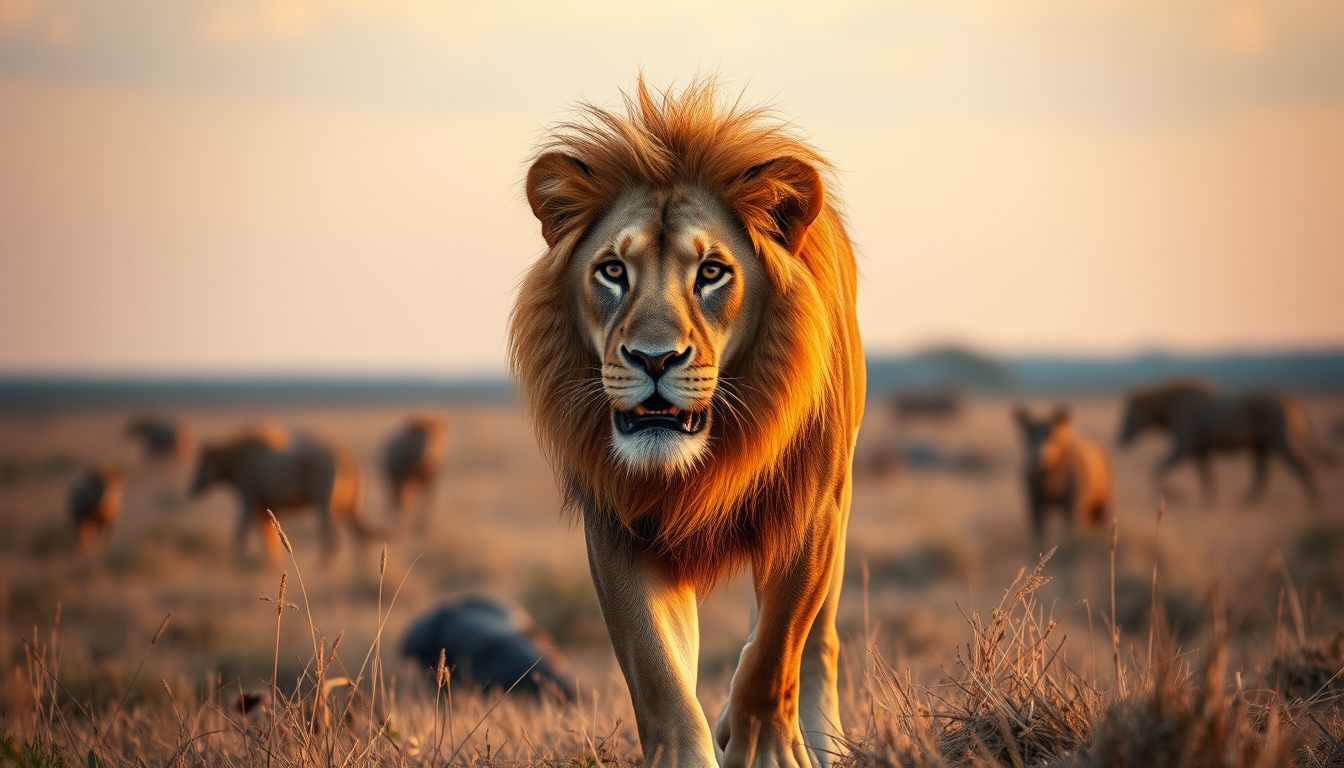 african lion in savanna in editorial style