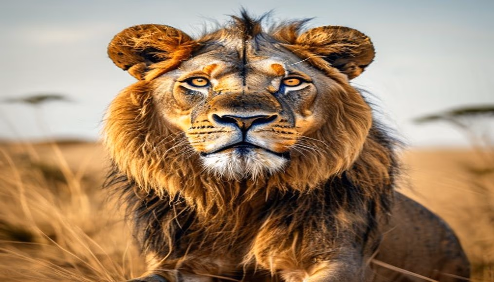 african lion in savanna in editorial style