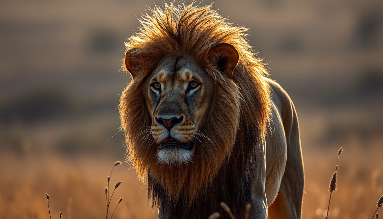 african lion in savanna in editorial style