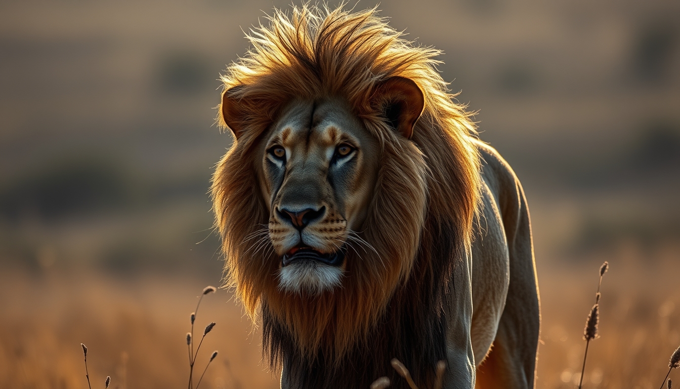 african lion in savanna in editorial style
