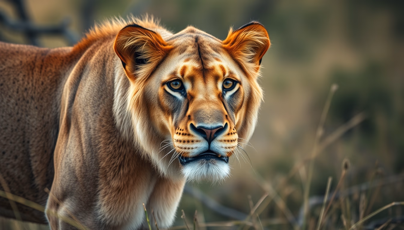 african lion in savanna in editorial style